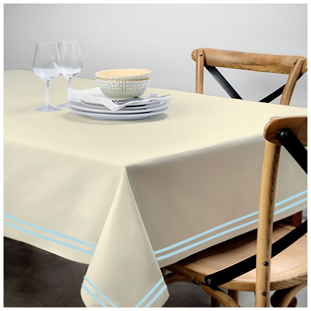 Double Embroidery Border Sateen Cotton Solid Table Cloth - Ivory