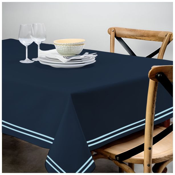 Double Embroidery Border Sateen Cotton Solid Table Cloth - Navy
