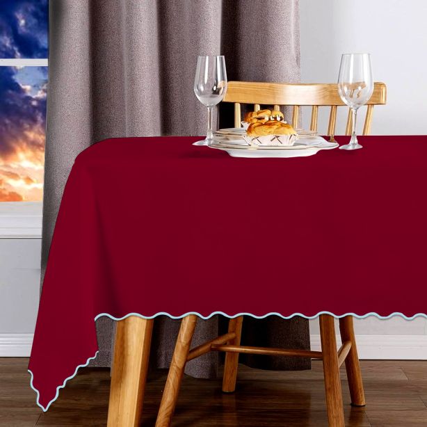 Scallop Embroidery Sateen Cotton Solid Table Cloth - Burgundy