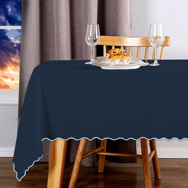 Scallop Embroidery Sateen Cotton Solid Table Cloth - Navy