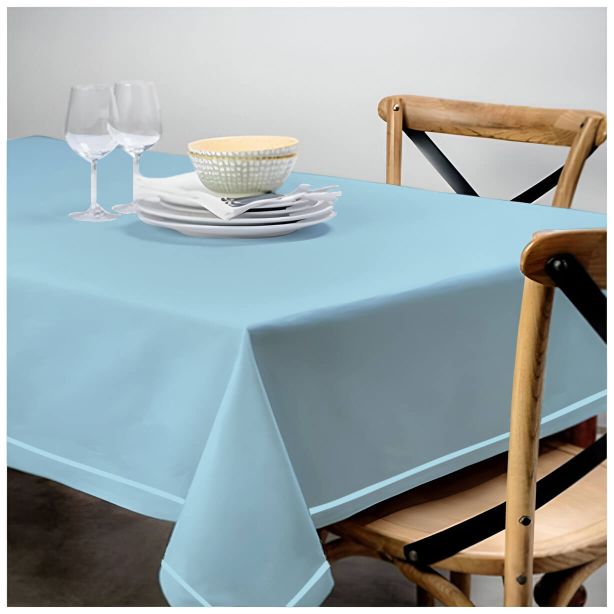 Single Embroidery Border Sateen Cotton Solid Table Cloth - Light Blue