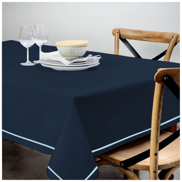 Single Embroidery Border Sateen Cotton Solid Table Cloth - Navy