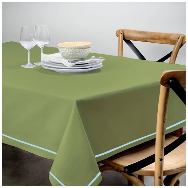 Single Embroidery Border Sateen Cotton Solid Table Cloth - Sage