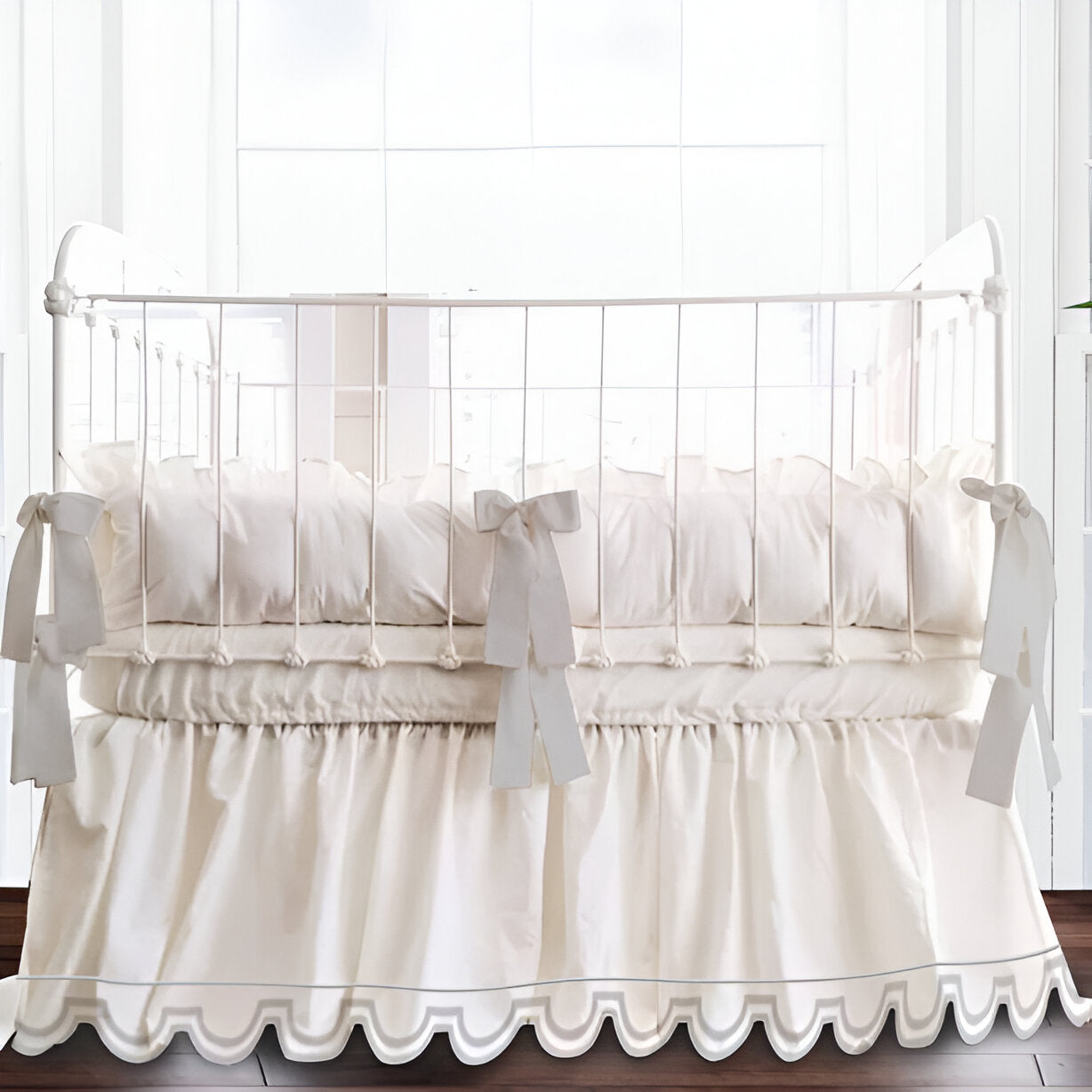 U Shape Scallop Embroidery Cotton Gathered Crib Skirt