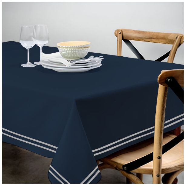 Double Embroidery Border Sateen Cotton Solid Table Cloth - Navy