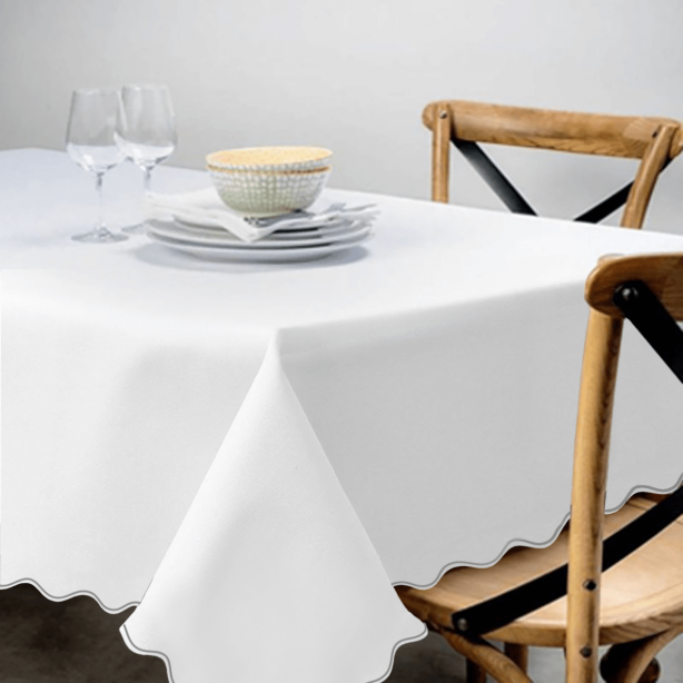 Scallop Embroidery Sateen Poly Cotton Solid Table Cloth