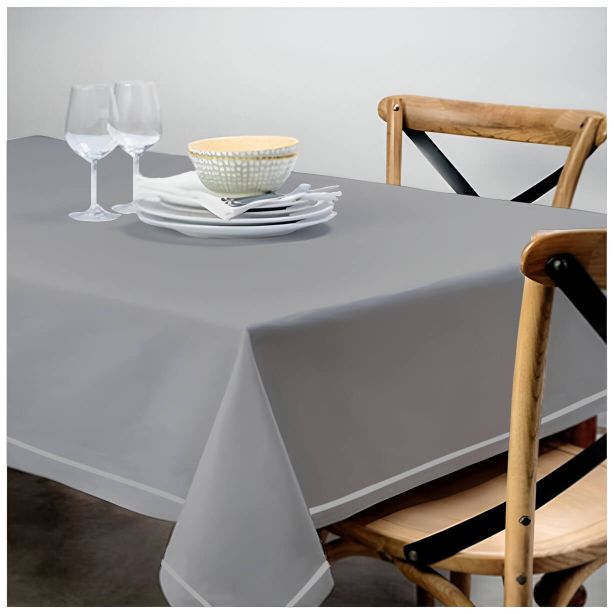 Single Embroidery Border Sateen Cotton Solid Table Cloth - Light Grey