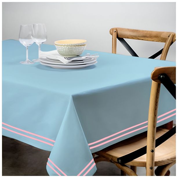 Double Embroidery Border Sateen Cotton Solid Table Cloth - Light Blue