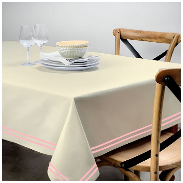 Double Embroidery Border Sateen Cotton Solid Table Cloth - Ivory