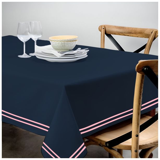 Double Embroidery Border Sateen Cotton Solid Table Cloth - Navy