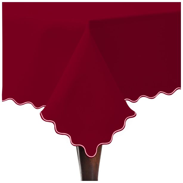 Scallop Embroidery Sateen Cotton Solid Table Cloth - Burgundy