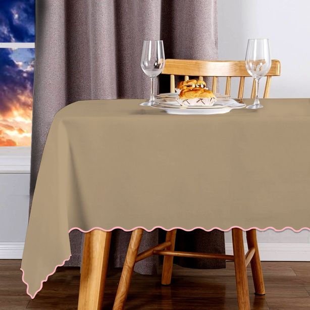 Scallop Embroidery Sateen Cotton Solid Table Cloth - Taupe