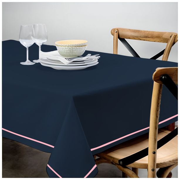 Single Embroidery Border Sateen Cotton Solid Table Cloth - Navy