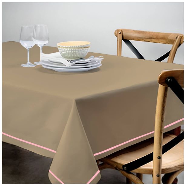 Single Embroidery Border Sateen Cotton Solid Table Cloth - Taupe
