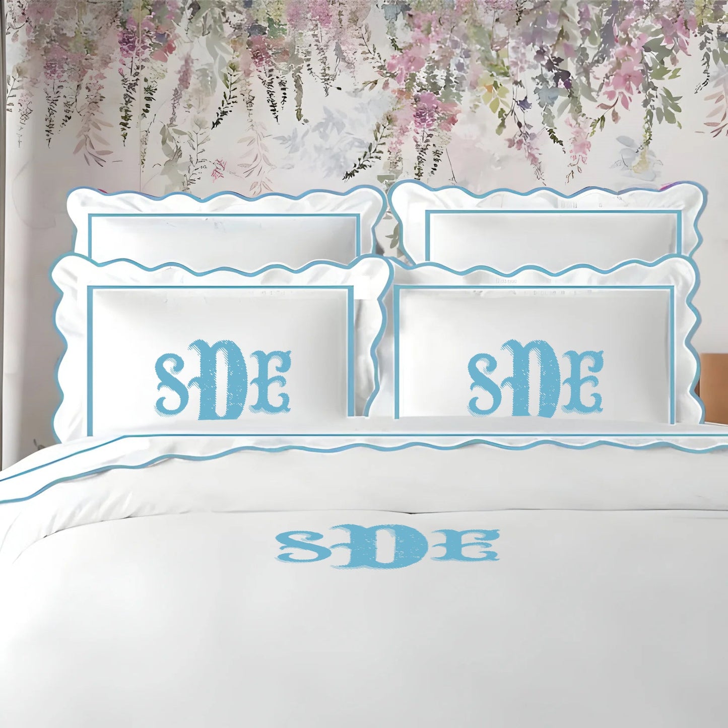 Monogram 400TC Cotton Scallop Embroidery & Border Sateen Solid Duvet Cover Set