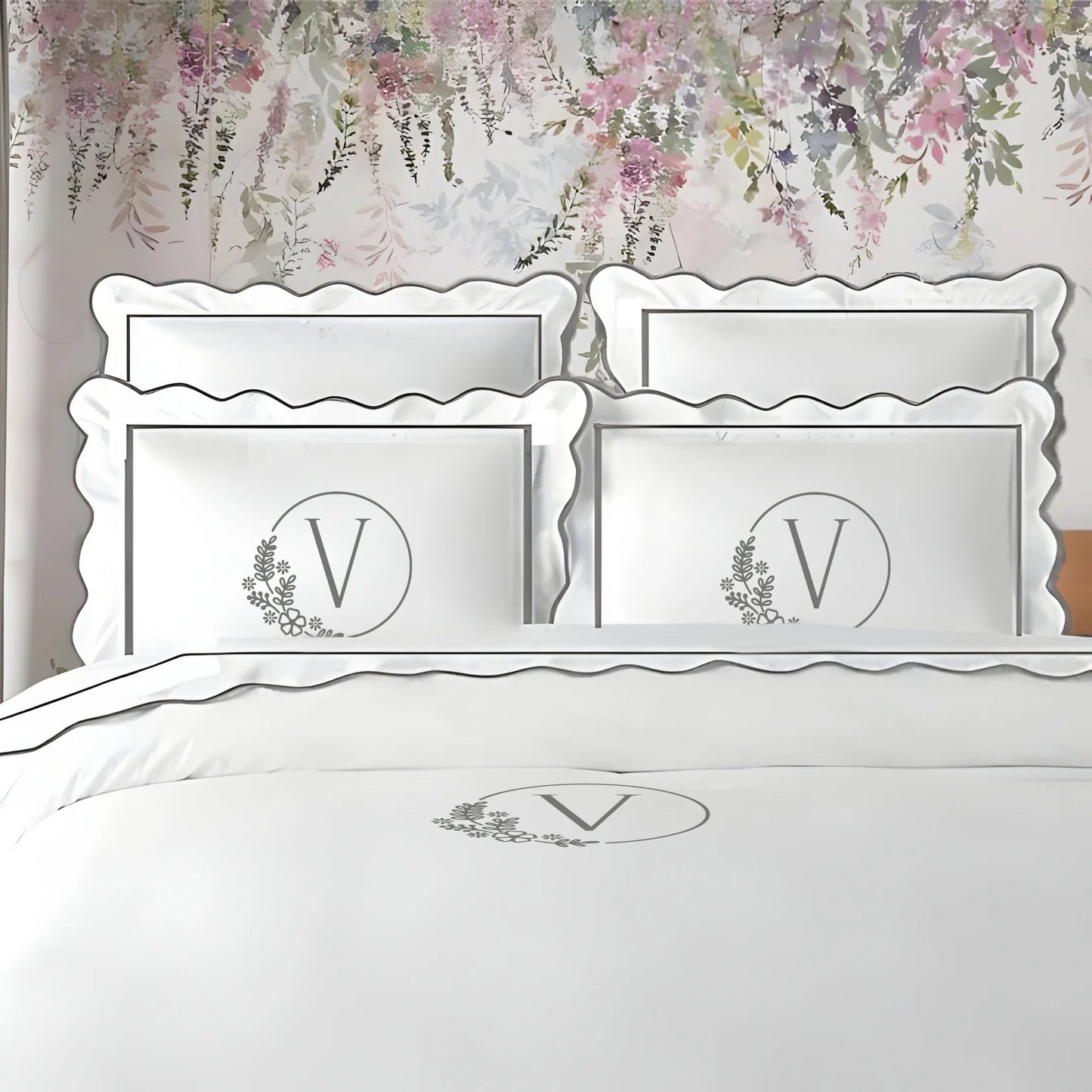 Monogram 400TC Cotton Scallop Embroidery & Border Sateen Solid Duvet Cover Set