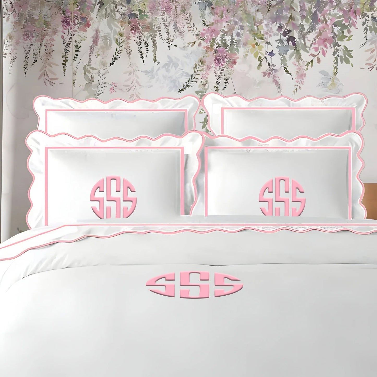 Monogram 400TC Cotton Scallop Embroidery & Border Sateen Solid Duvet Cover Set