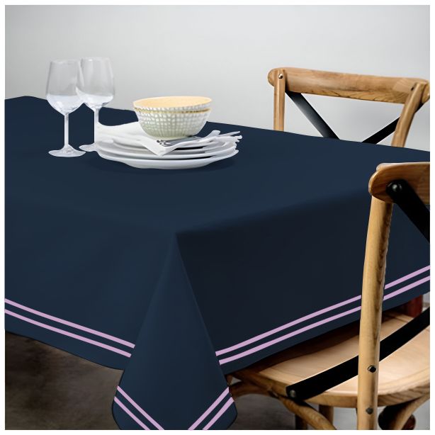 Double Embroidery Border Sateen Cotton Solid Table Cloth - Navy