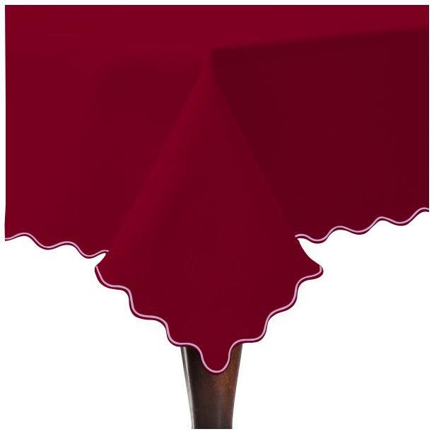 Scallop Embroidery Sateen Cotton Solid Table Cloth - Burgundy