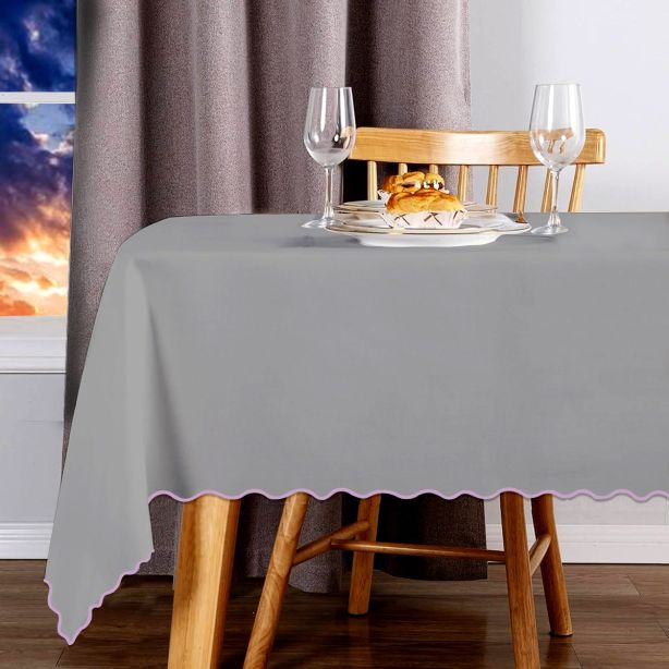 Scallop Embroidery Sateen Cotton Solid Table Cloth - Light Grey