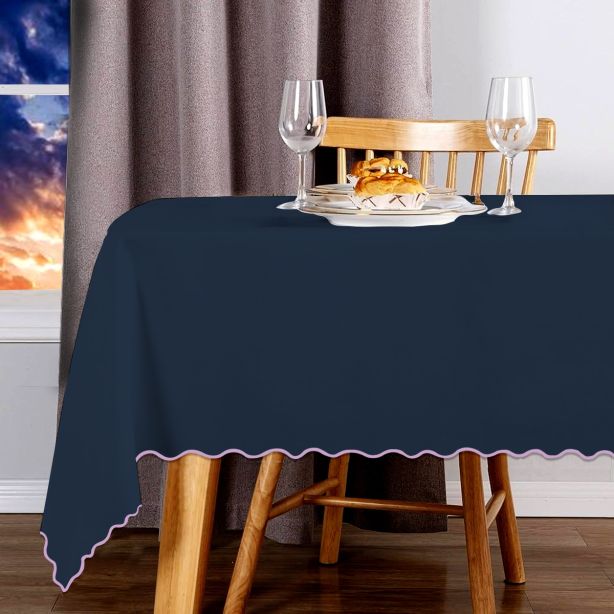 Scallop Embroidery Sateen Cotton Solid Table Cloth - Navy