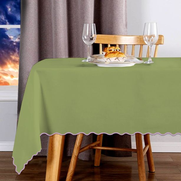 Scallop Embroidery Sateen Cotton Solid Table Cloth - Sage