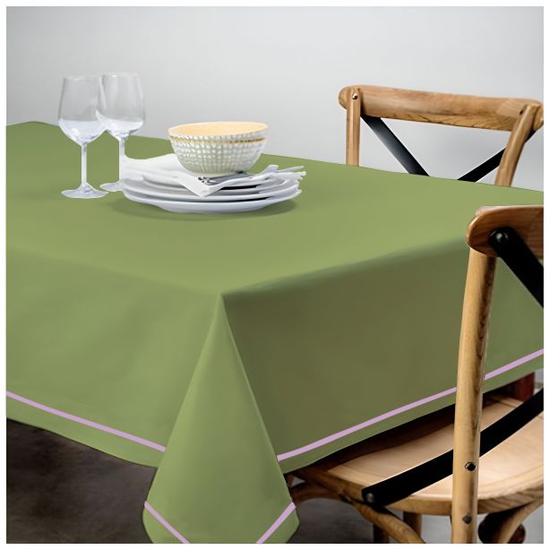 Single Embroidery Border Sateen Cotton Solid Table Cloth - Sage