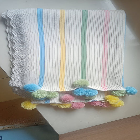 Multi Stripes Pom Pom Ecru Knitted Cotton Baby Blanket