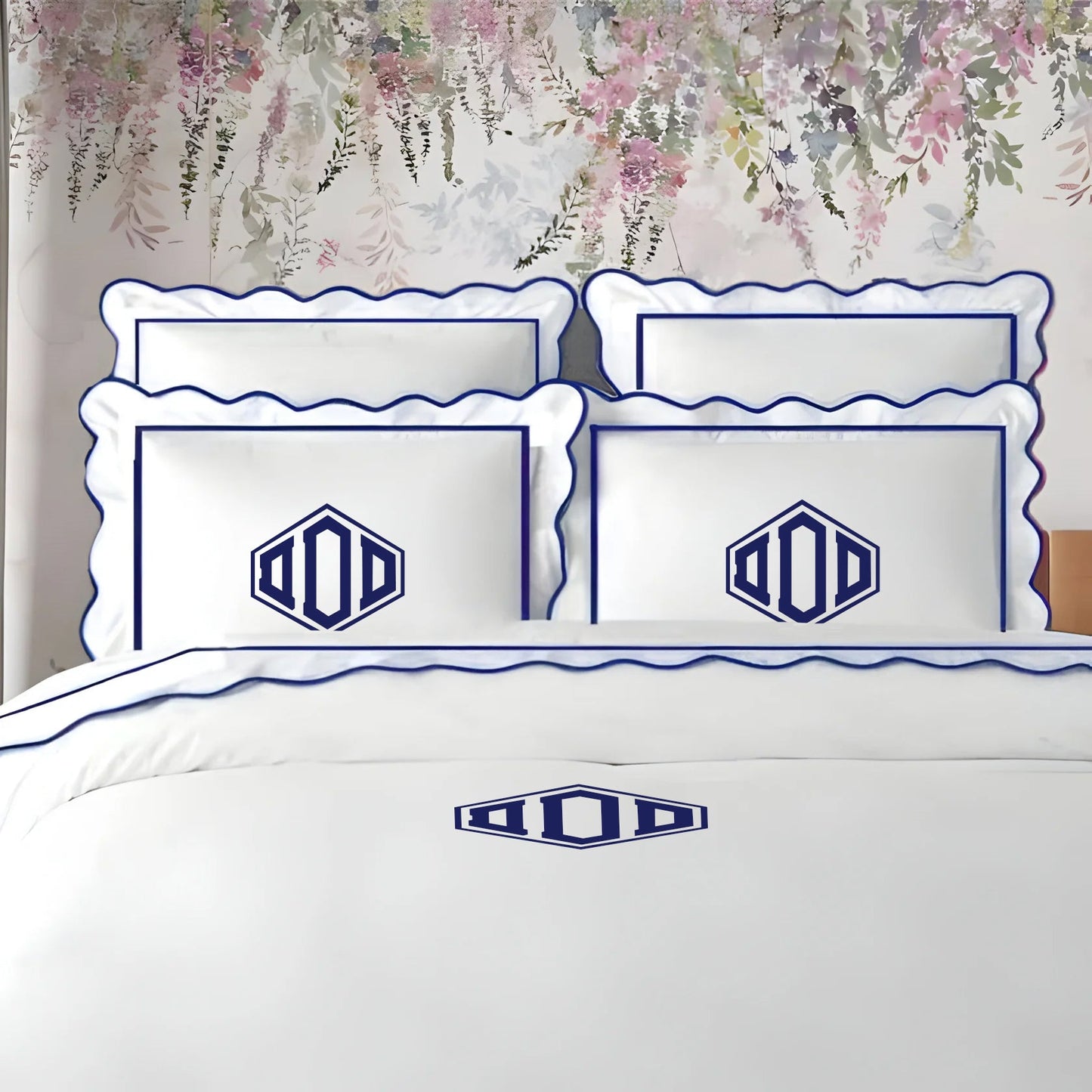 Monogram 400TC Cotton Scallop Embroidery & Border Sateen Solid Duvet Cover Set