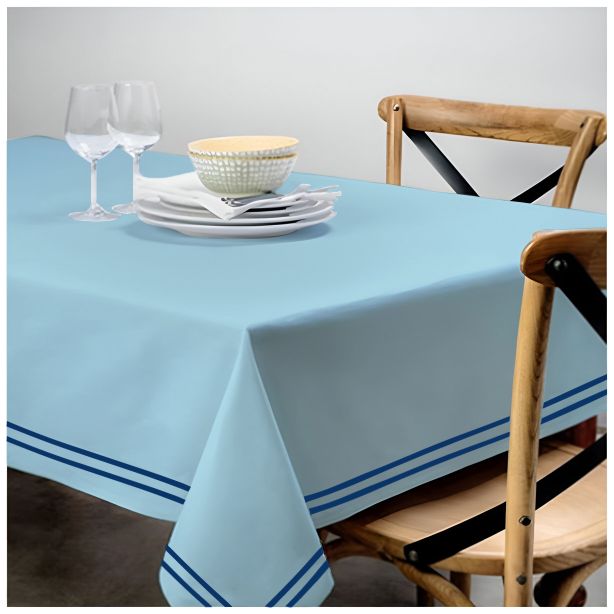 Double Embroidery Border Sateen Cotton Solid Table Cloth - Light Blue