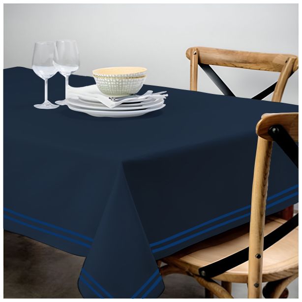 Double Embroidery Border Sateen Cotton Solid Table Cloth - Navy