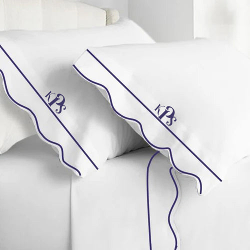 Monogram 400TC Cotton Scallop Embroidery & Border Sateen Solid Sheet Set