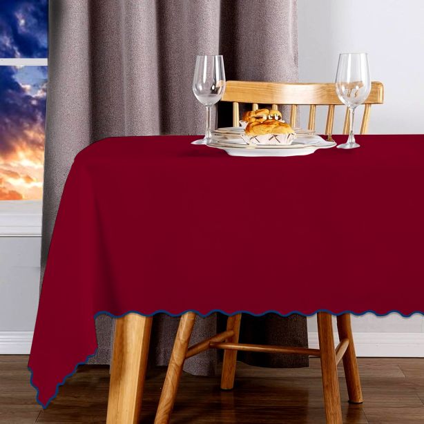 Scallop Embroidery Sateen Cotton Solid Table Cloth - Burgundy
