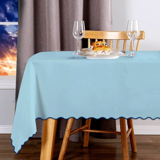 Scallop Embroidery Sateen Cotton Solid Table Cloth - Light Blue