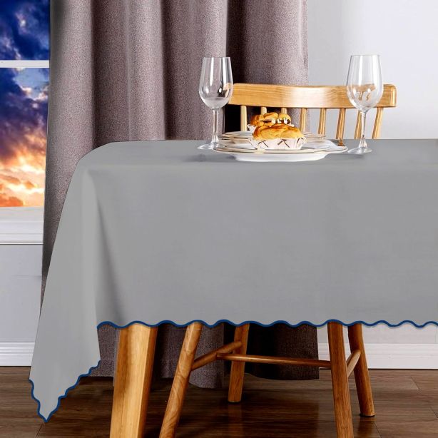 Scallop Embroidery Sateen Cotton Solid Table Cloth - Light Grey