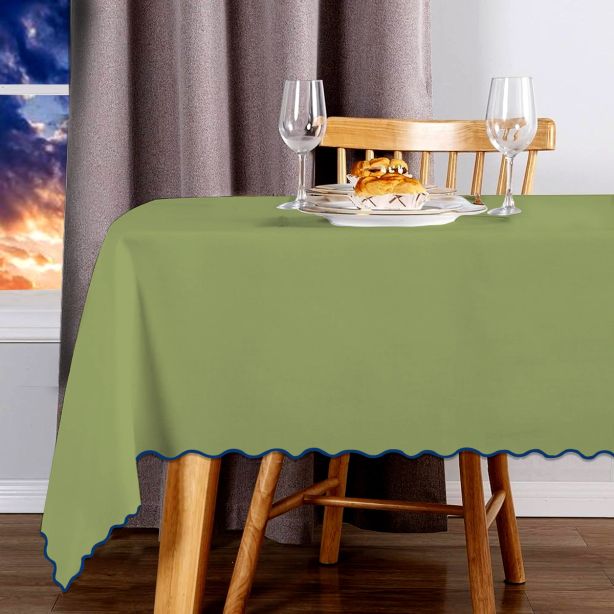 Scallop Embroidery Sateen Cotton Solid Table Cloth - Sage