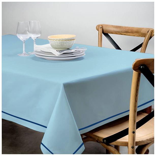 Single Embroidery Border Sateen Cotton Solid Table Cloth - Light Blue