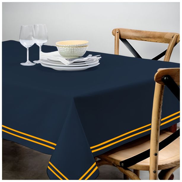 Double Embroidery Border Sateen Cotton Solid Table Cloth - Navy