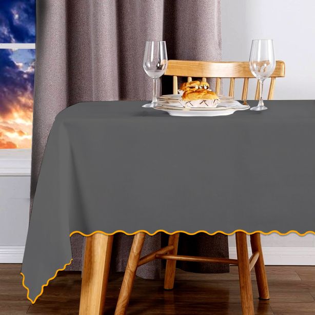 Scallop Embroidery Sateen Cotton Solid Table Cloth - Dark Grey