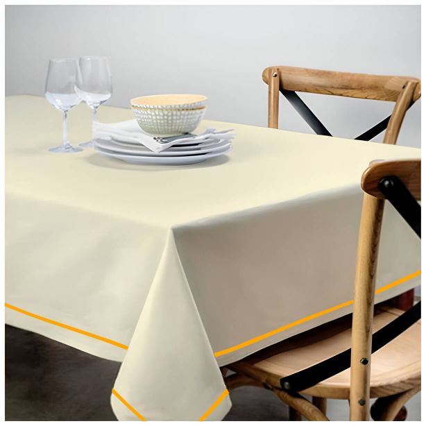 Single Embroidery Border Sateen Cotton Solid Table Cloth - Ivory