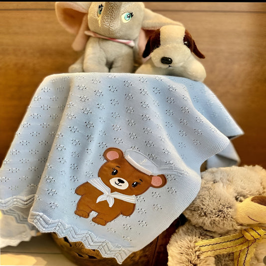 Pointelle Sailor Blue Knitted Cotton Baby Blanket