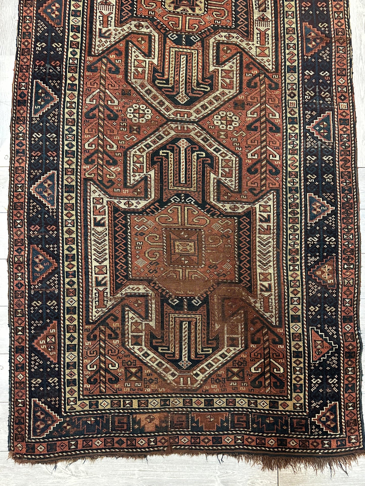 Pre-1900 Triple Shield Sewan Kazak Rug, 4’4”x11’7”