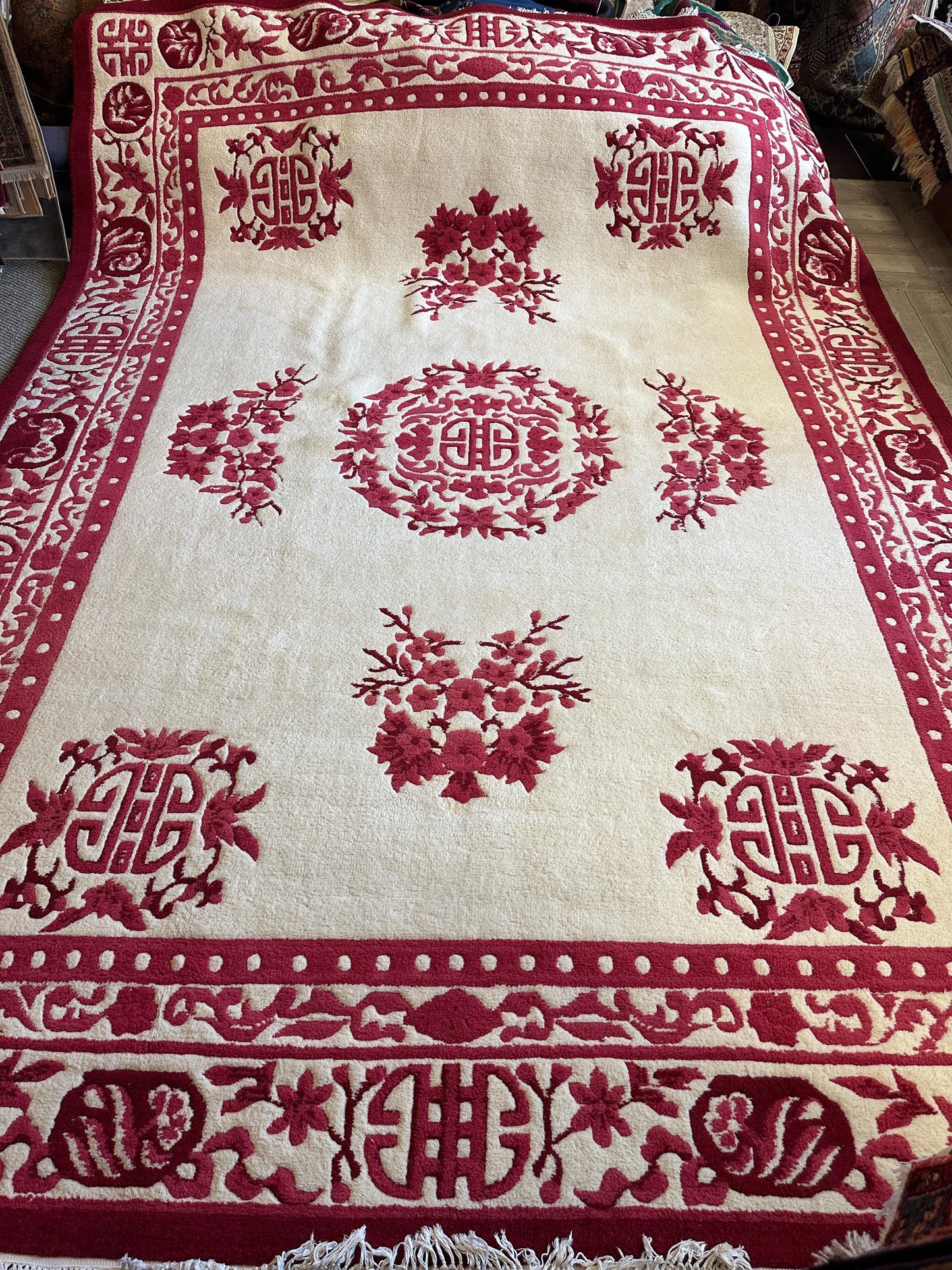 Red & Beige Chinese Art Deco Style Rug 11 x 15