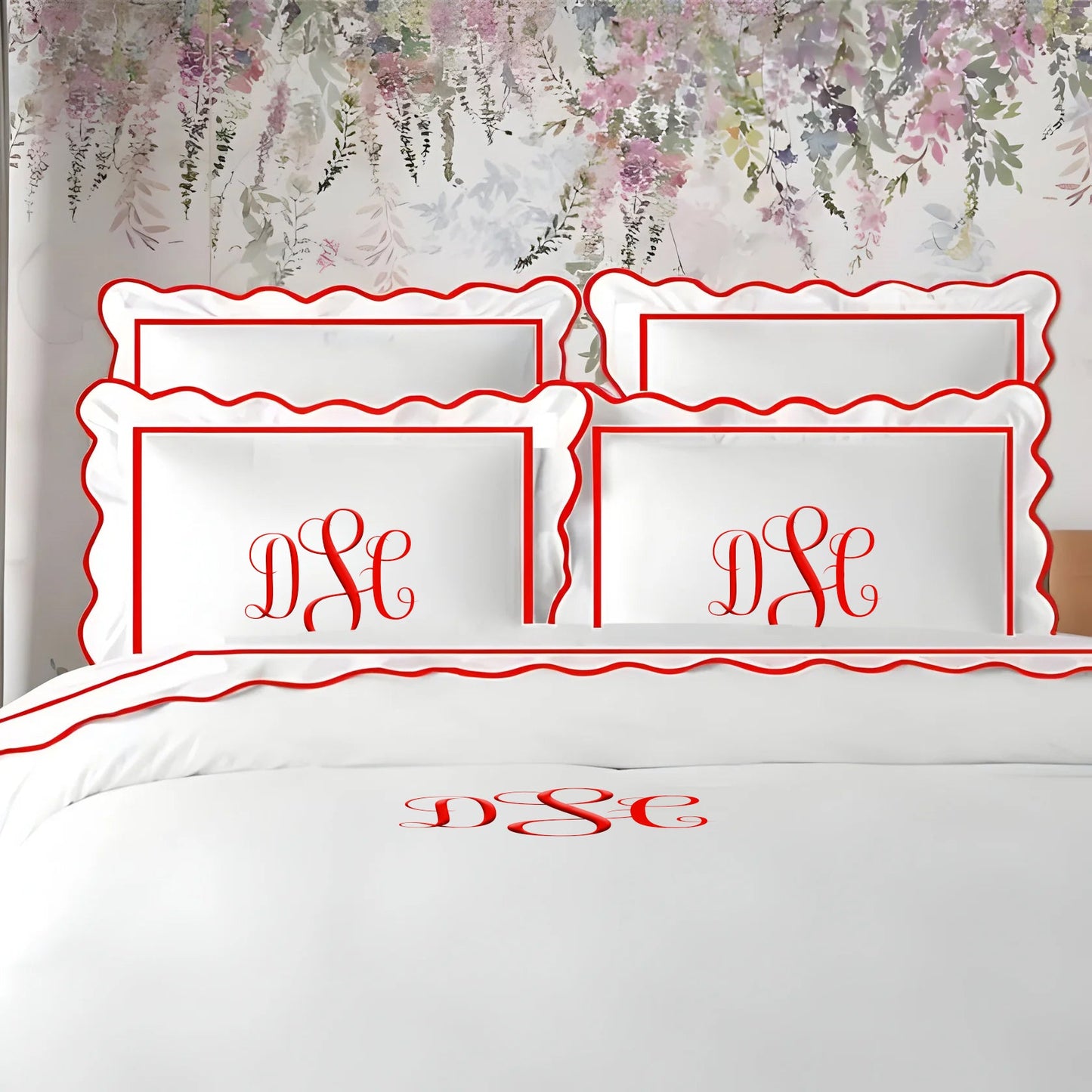 Monogram 400TC Cotton Scallop Embroidery & Border Sateen Solid Duvet Cover Set