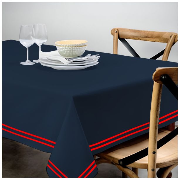 Double Embroidery Border Sateen Cotton Solid Table Cloth - Navy