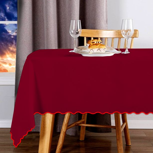 Scallop Embroidery Sateen Cotton Solid Table Cloth - Burgundy
