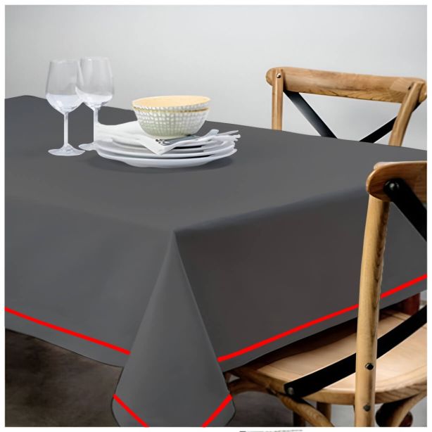 Single Embroidery Border Sateen Cotton Solid Table Cloth - Dark Grey