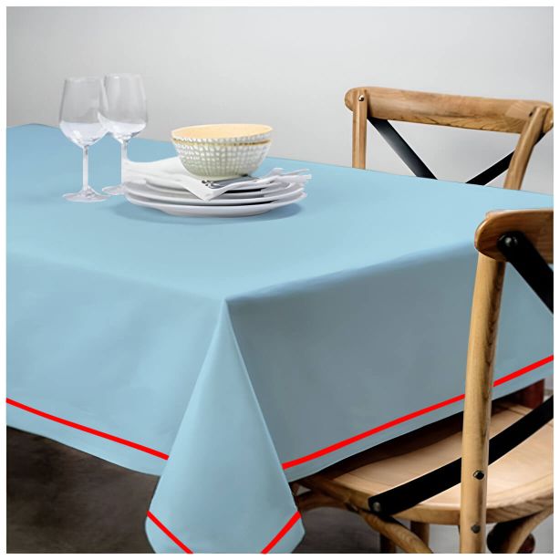 Single Embroidery Border Sateen Cotton Solid Table Cloth - Light Blue