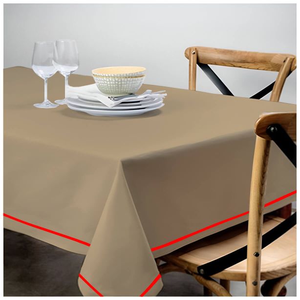 Single Embroidery Border Sateen Cotton Solid Table Cloth - Taupe