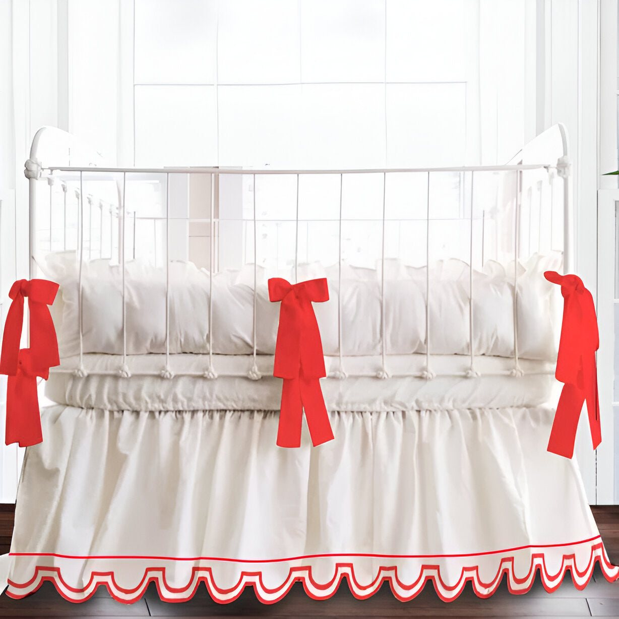 U Shape Scallop Embroidery Cotton Gathered Crib Skirt